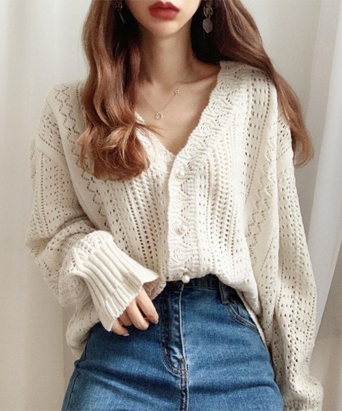 Silly（シリー）の「【韓国コーデに◎】クロシェ編みニットカーディガン（カーディガン/ボレロ・レディース・ライトグリーン/ホワイト・FREE）」の4枚目の写真