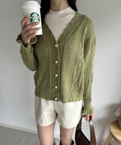 Silly（シリー）の「【韓国コーデに◎】クロシェ編みニットカーディガン（カーディガン/ボレロ・レディース・ライトグリーン/ホワイト・FREE）」の17枚目の写真