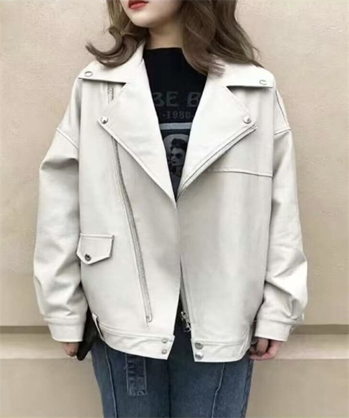 FREE STYLISTS(フリー スタイリスト)の「レザーライダースジャケット(ライダースジャケット・レディース・ブラック/オフホワイト・L/M)」の1枚目の写真