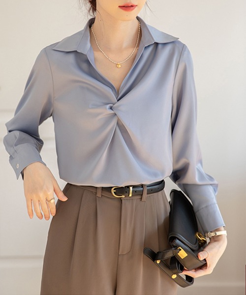 MILAE(ミレ)の「カシュクールプルオーバーブラウス(シャツ/ブラウス・レディース・ブルー/ホワイト・S/M/L)」の3枚目の写真