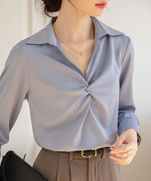 MILAE(ミレ)の「カシュクールプルオーバーブラウス(シャツ/ブラウス・レディース・ブルー/ホワイト・S/M/L)」の4枚目の写真