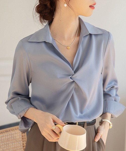 MILAE(ミレ)の「カシュクールプルオーバーブラウス(シャツ/ブラウス・レディース・ブルー/ホワイト・S/M/L)」の6枚目の写真