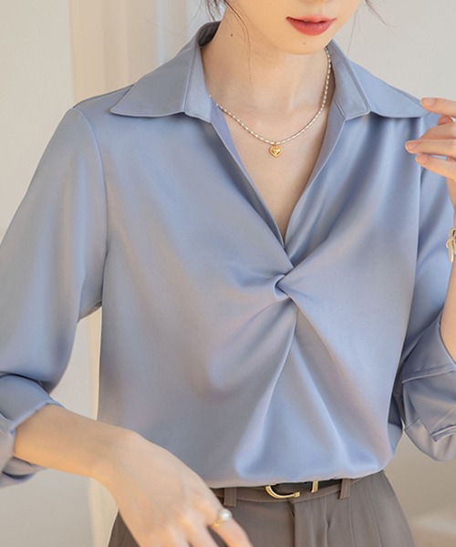 MILAE(ミレ)の「カシュクールプルオーバーブラウス(シャツ/ブラウス・レディース・ブルー/ホワイト・S/M/L)」の7枚目の写真