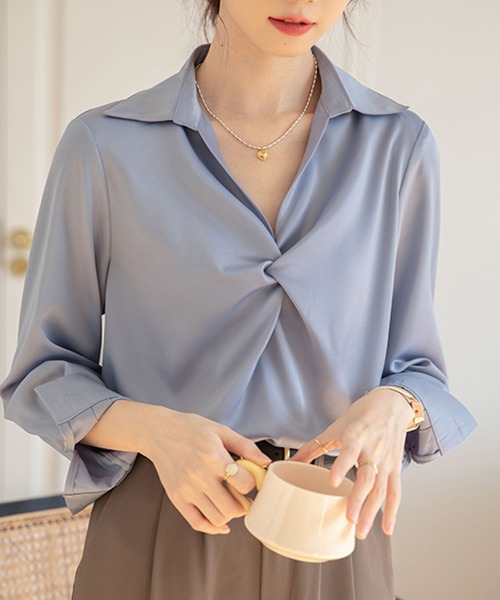 MILAE(ミレ)の「カシュクールプルオーバーブラウス(シャツ/ブラウス・レディース・ブルー/ホワイト・S/M/L)」の8枚目の写真
