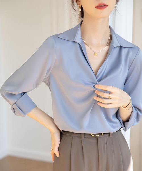 MILAE(ミレ)の「カシュクールプルオーバーブラウス(シャツ/ブラウス・レディース・ブルー/ホワイト・S/M/L)」の9枚目の写真