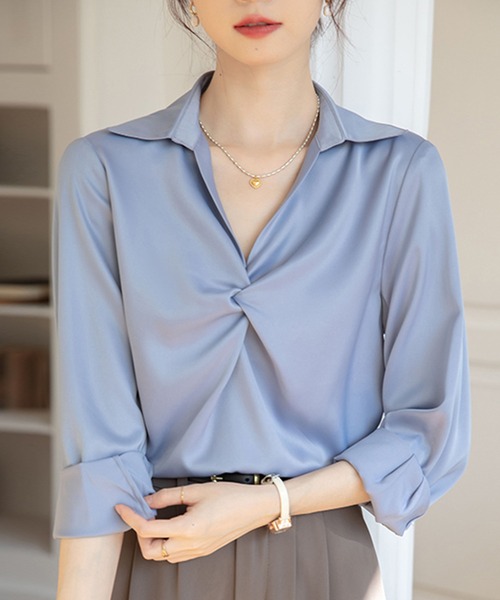 MILAE(ミレ)の「カシュクールプルオーバーブラウス(シャツ/ブラウス・レディース・ブルー/ホワイト・S/M/L)」の10枚目の写真