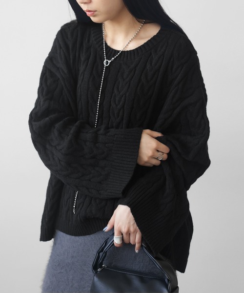 antiqua（アンティカ）の「ケーブル編みショート丈ニット（ニット/セーター・レディース・ブラック/ベージュ/ブルー・FREE）」の12枚目の写真