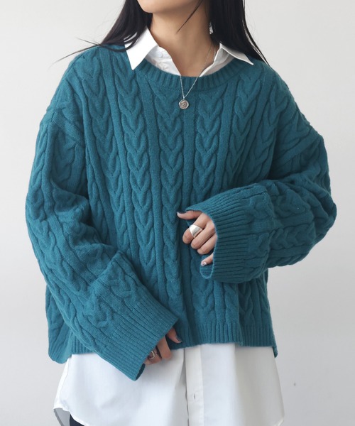 antiqua（アンティカ）の「ケーブル編みショート丈ニット（ニット/セーター・レディース・ブラック/ベージュ/ブルー・FREE）」の21枚目の写真
