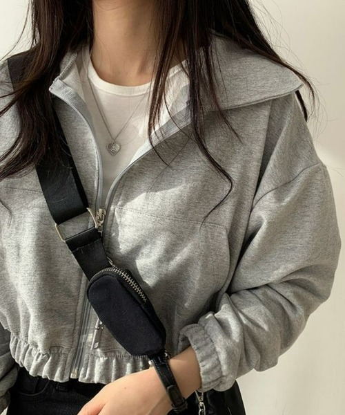 CANVAS+(キャンバスプラス)の「【CANVAS+】クロップド丈ジップブルゾンカーデ(カーディガン/ボレロ・レディース・ブラック/ライトグレー/グレー/カーキ・M)」の14枚目の写真