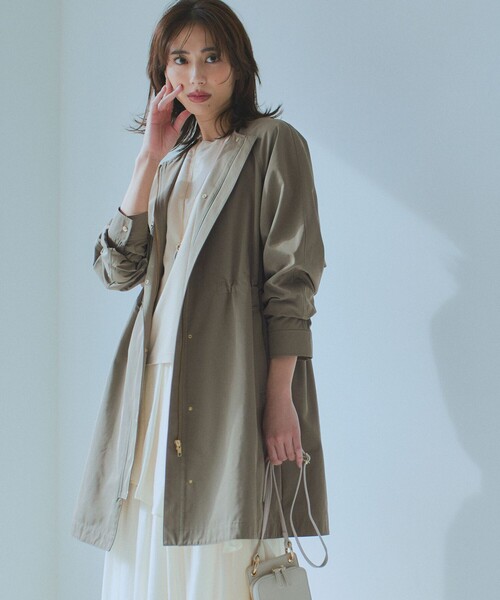 23区 L(ニジュウサンクオオキイサイズ)の「【撥水加工】ライトツイル ノーカラーコート(ノーカラーコート・レディース・ネイビー系/カーキ系/ベージュ系・48/46/44)」の1枚目の写真