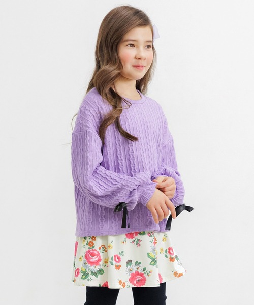 Bee des Bee（ビーデスビー）の「模様編み風袖リボンプルオーバー（ニット/セーター・キッズ・ブラック/パープル/アイボリー/グレイッシュベージュ・110cm/130cm/140cm/150cm/120cm）」の4枚目の写真