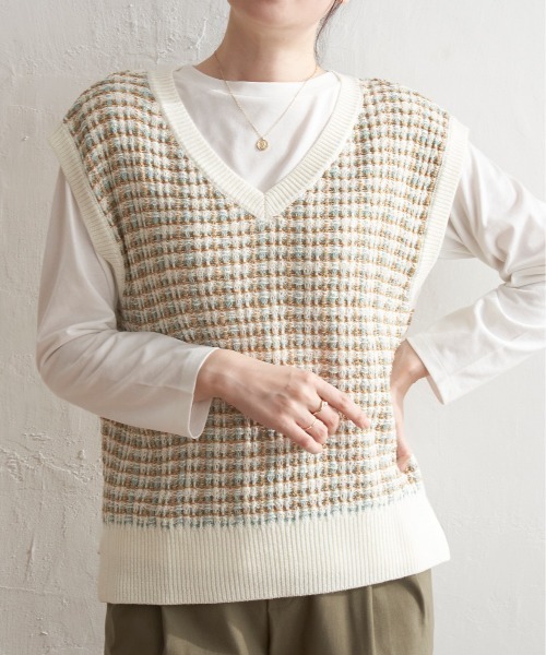 ikka(イッカ)の「【2点セット/親子コーデ】ブークレMIXニットベストアンサンブル(Tシャツ/カットソー・レディース・スカイブルー/ネイビー/ミント/ベージュ/チャコールグレー・L/S/M)」の3枚目の写真