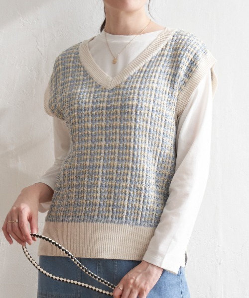 ikka(イッカ)の「【2点セット/親子コーデ】ブークレMIXニットベストアンサンブル(Tシャツ/カットソー・レディース・スカイブルー/ネイビー/ミント/ベージュ/チャコールグレー・L/S/M)」の4枚目の写真