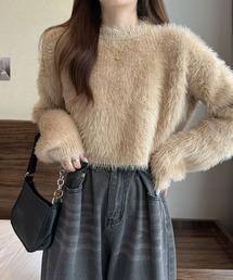 袖ボリューム モヘアタッチシャギーショートニット