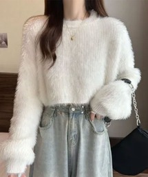 袖ボリューム モヘアタッチシャギーショートニット
