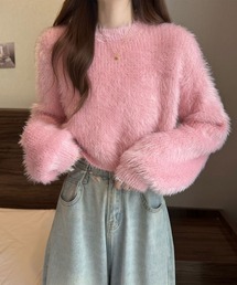 袖ボリューム モヘアタッチシャギーショートニット