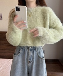 袖ボリューム モヘアタッチシャギーショートニット