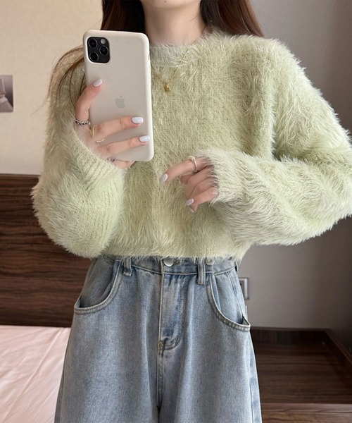 SHEPP（シープ）の「袖ボリューム モヘアタッチシャギーショートニット（ニット/セーター・レディース・ホワイト/ピンク/グリーン/ベージュ・FREE）」の3枚目の写真