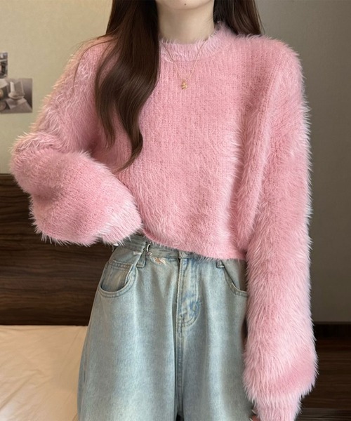 SHEPP（シープ）の「袖ボリューム モヘアタッチシャギーショートニット（ニット/セーター・レディース・ホワイト/ピンク/グリーン/ベージュ・FREE）」の8枚目の写真