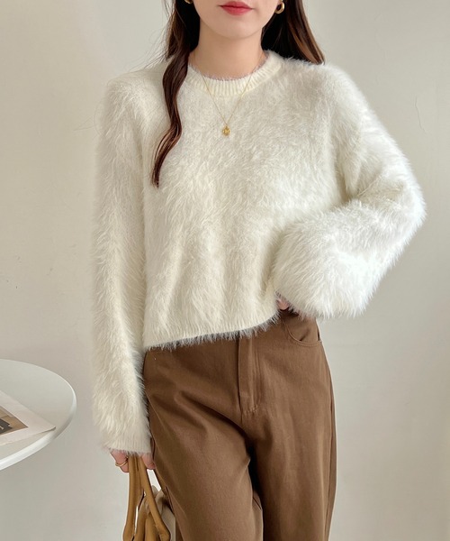 SHEPP（シープ）の「袖ボリューム モヘアタッチシャギーショートニット（ニット/セーター・レディース・ホワイト/ピンク/グリーン/ベージュ・FREE）」の12枚目の写真