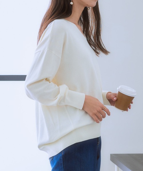 7days Life Styling(セブンデイズライフスタイリング)の「コクーンシルエットVネックセーター(静電防止・毛玉になりにくい・UVカット・タンブル乾燥OK)(ニット/セーター・レディース・ネイビー/ラベンダー/サックスブルー/アイボリー/杢グレー・S/M/L/LL)」の1枚目の写真