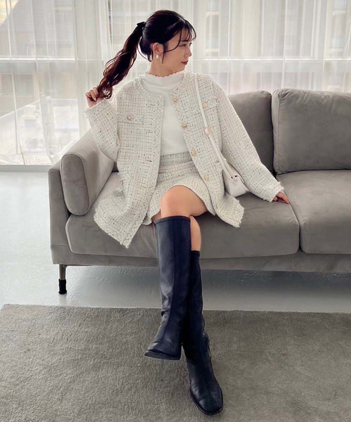 one after another NICE CLAUP（ワンアフターアナザーナイスクラップ）の「ツイードジャケット/セットアップスカートあり（ノーカラージャケット・レディース・アイボリー/ブラック/ピンク・FREE）」の8枚目の写真