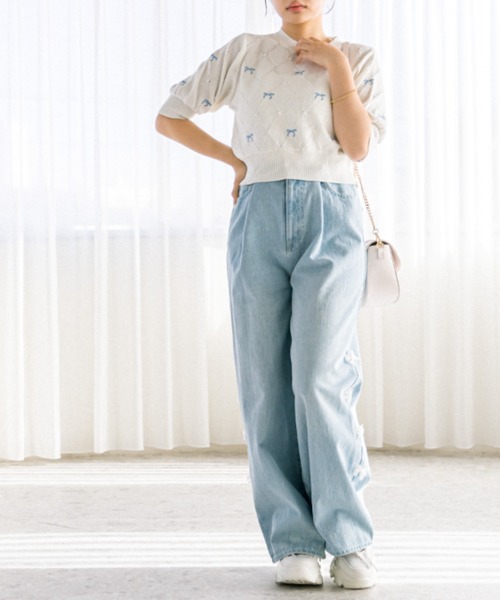 OLIVE des OLIVE（オリーブデオリーブ）の「リボン刺繍ニット　1041050150（ニット/セーター・レディース・トップグレー/オフホワイト/サックスブルー/アイボリー/ブラック・FREE）」の7枚目の写真