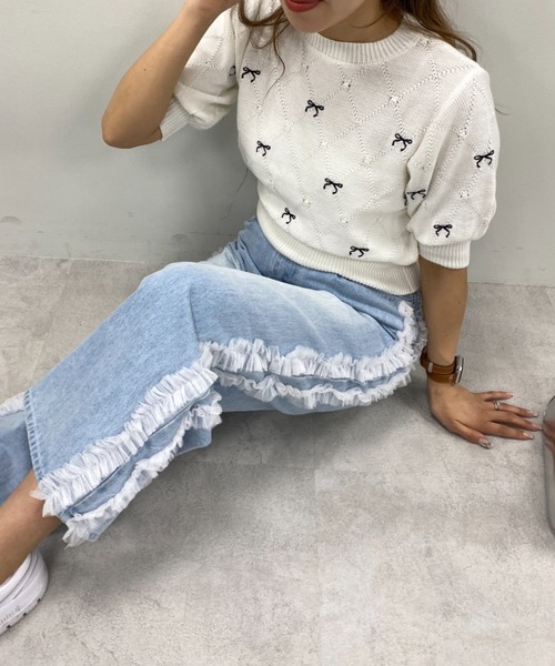 OLIVE des OLIVE（オリーブデオリーブ）の「リボン刺繍ニット　1041050150（ニット/セーター・レディース・トップグレー/オフホワイト/サックスブルー/アイボリー/ブラック・FREE）」の19枚目の写真