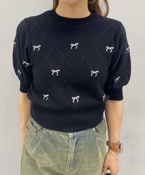 OLIVE des OLIVE（オリーブデオリーブ）の「リボン刺繍ニット　1041050150（ニット/セーター・レディース・トップグレー/オフホワイト/サックスブルー/アイボリー/ブラック・FREE）」の21枚目の写真