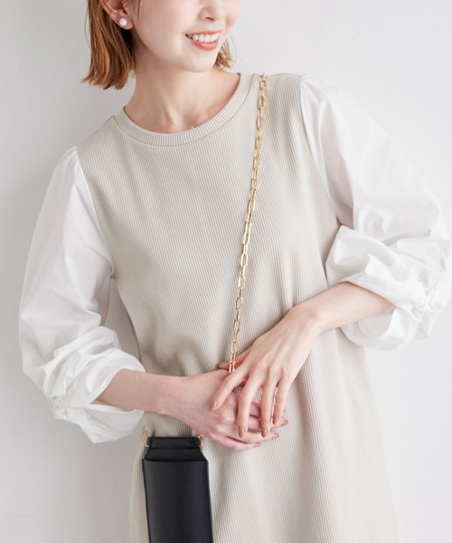 ROPE' PICNIC(ロペピクニック)の「ディテール袖ドッキングテレコワンピース(ワンピース・レディース・ブラック/オフホワイト/ベージュ系その他・38)」の3枚目の写真