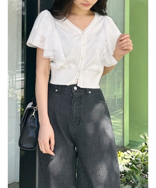 CALNAMUR(カルナムール)の「チュールラッフル2WAYプルオーバー(ニット/セーター・レディース・ブラック/ライトブルー/ホワイト・FREE)」の1枚目の写真