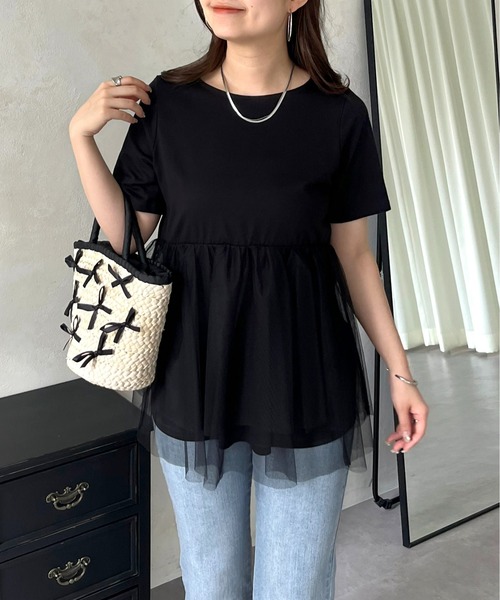 prose verse（プロズヴェール）の「裾チュールレイヤードペプラムTシャツ（Tシャツ/カットソー・レディース・ブラック/オフホワイト・MEDIUM/LARGE）」の2枚目の写真