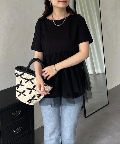 prose verse（プロズヴェール）の「裾チュールレイヤードペプラムTシャツ（Tシャツ/カットソー・レディース・ブラック/オフホワイト・MEDIUM/LARGE）」の3枚目の写真