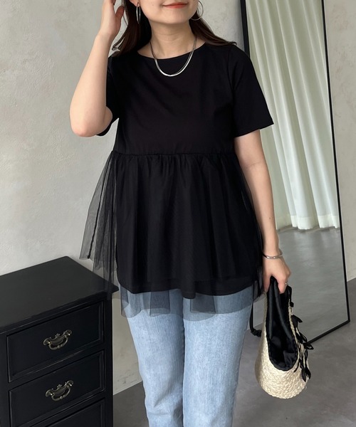 prose verse（プロズヴェール）の「裾チュールレイヤードペプラムTシャツ（Tシャツ/カットソー・レディース・ブラック/オフホワイト・MEDIUM/LARGE）」の6枚目の写真