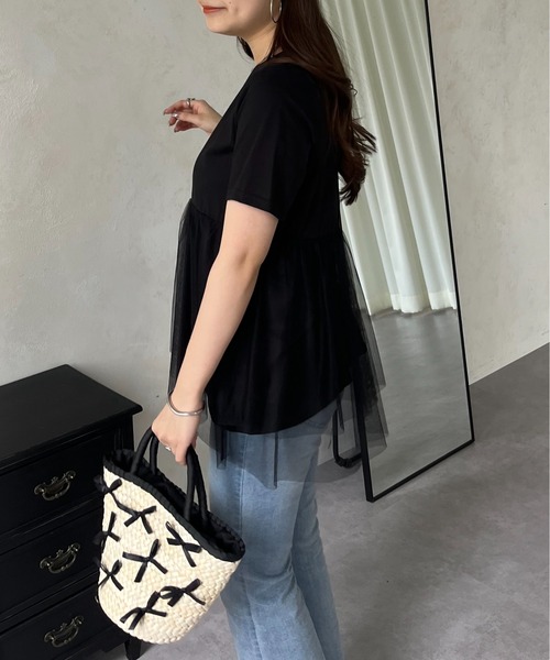 prose verse（プロズヴェール）の「裾チュールレイヤードペプラムTシャツ（Tシャツ/カットソー・レディース・ブラック/オフホワイト・MEDIUM/LARGE）」の7枚目の写真