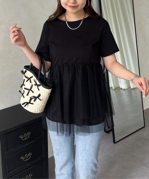 prose verse（プロズヴェール）の「裾チュールレイヤードペプラムTシャツ（Tシャツ/カットソー・レディース・ブラック/オフホワイト・MEDIUM/LARGE）」の10枚目の写真