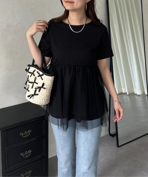 prose verse（プロズヴェール）の「裾チュールレイヤードペプラムTシャツ（Tシャツ/カットソー・レディース・ブラック/オフホワイト・MEDIUM/LARGE）」の11枚目の写真