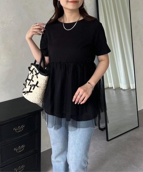 prose verse（プロズヴェール）の「裾チュールレイヤードペプラムTシャツ（Tシャツ/カットソー・レディース・ブラック/オフホワイト・MEDIUM/LARGE）」の13枚目の写真