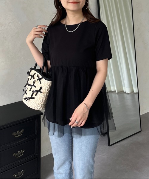 prose verse（プロズヴェール）の「裾チュールレイヤードペプラムTシャツ（Tシャツ/カットソー・レディース・ブラック/オフホワイト・MEDIUM/LARGE）」の14枚目の写真