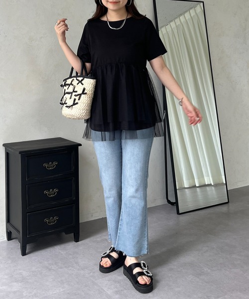 prose verse（プロズヴェール）の「裾チュールレイヤードペプラムTシャツ（Tシャツ/カットソー・レディース・ブラック/オフホワイト・MEDIUM/LARGE）」の15枚目の写真