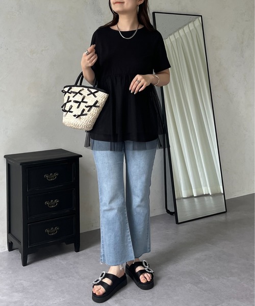 prose verse（プロズヴェール）の「裾チュールレイヤードペプラムTシャツ（Tシャツ/カットソー・レディース・ブラック/オフホワイト・MEDIUM/LARGE）」の16枚目の写真