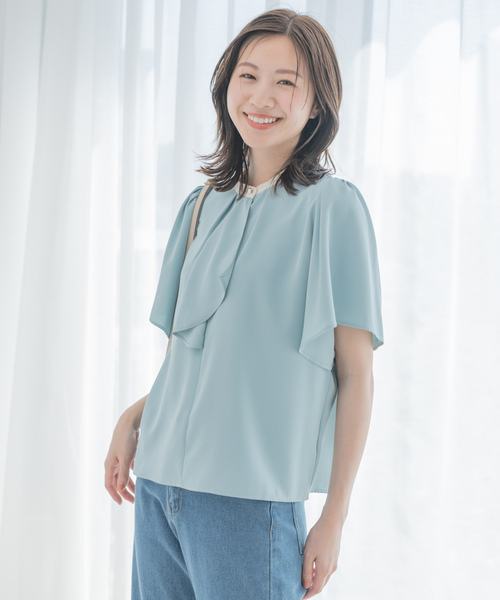 Jayro（ジャイロ）の「ボウタイ風袖フリルブラウス（シャツ/ブラウス・レディース・ホワイト/ベージュ/グリーン系その他/ネイビー・M）」の5枚目の写真