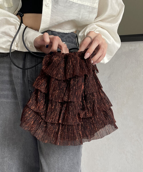 Thevon（ゼボン）の「ラメシアーフリル巾着バッグ（トートバッグ・レディース・ブラック/オフホワイト/ブラウン・FREE）」の12枚目の写真