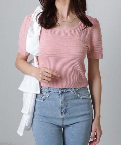 Lace Ladies（レースレディース）の「スクエアネック パフスリーブ マルチリブ ニット トップス（ニット/セーター・レディース・ブラック/アイボリー/ホワイト/ピンク・FREE）」の4枚目の写真