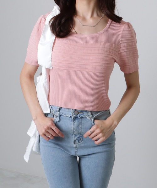 Lace Ladies（レースレディース）の「スクエアネック パフスリーブ マルチリブ ニット トップス（ニット/セーター・レディース・ブラック/アイボリー/ホワイト/ピンク・FREE）」の10枚目の写真