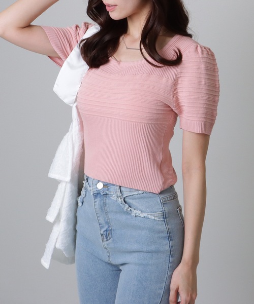 Lace Ladies（レースレディース）の「スクエアネック パフスリーブ マルチリブ ニット トップス（ニット/セーター・レディース・ブラック/アイボリー/ホワイト/ピンク・FREE）」の11枚目の写真