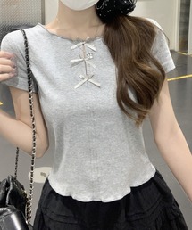トリプルミニリボントップス/リボン付フロントスリットTシャツ