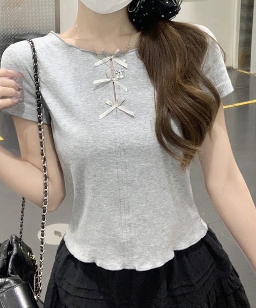 tシャツ フロント リボン ノースリーブ トップス レディース セール】front ribbon no sleeve tops / フロントリボン