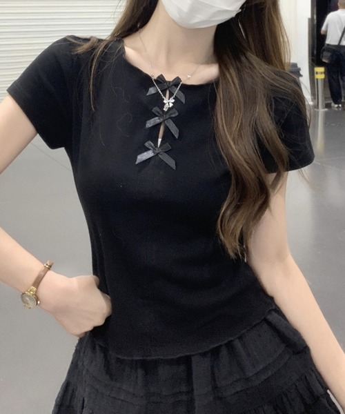 【初回限定】 トリプルミニリボントップス/リボン付フロントスリットTシャツ トップス