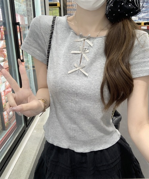 tシャツ フロントリボンリブトップス レディース Sibra tシャツ フロントリボンニットトップス レディース